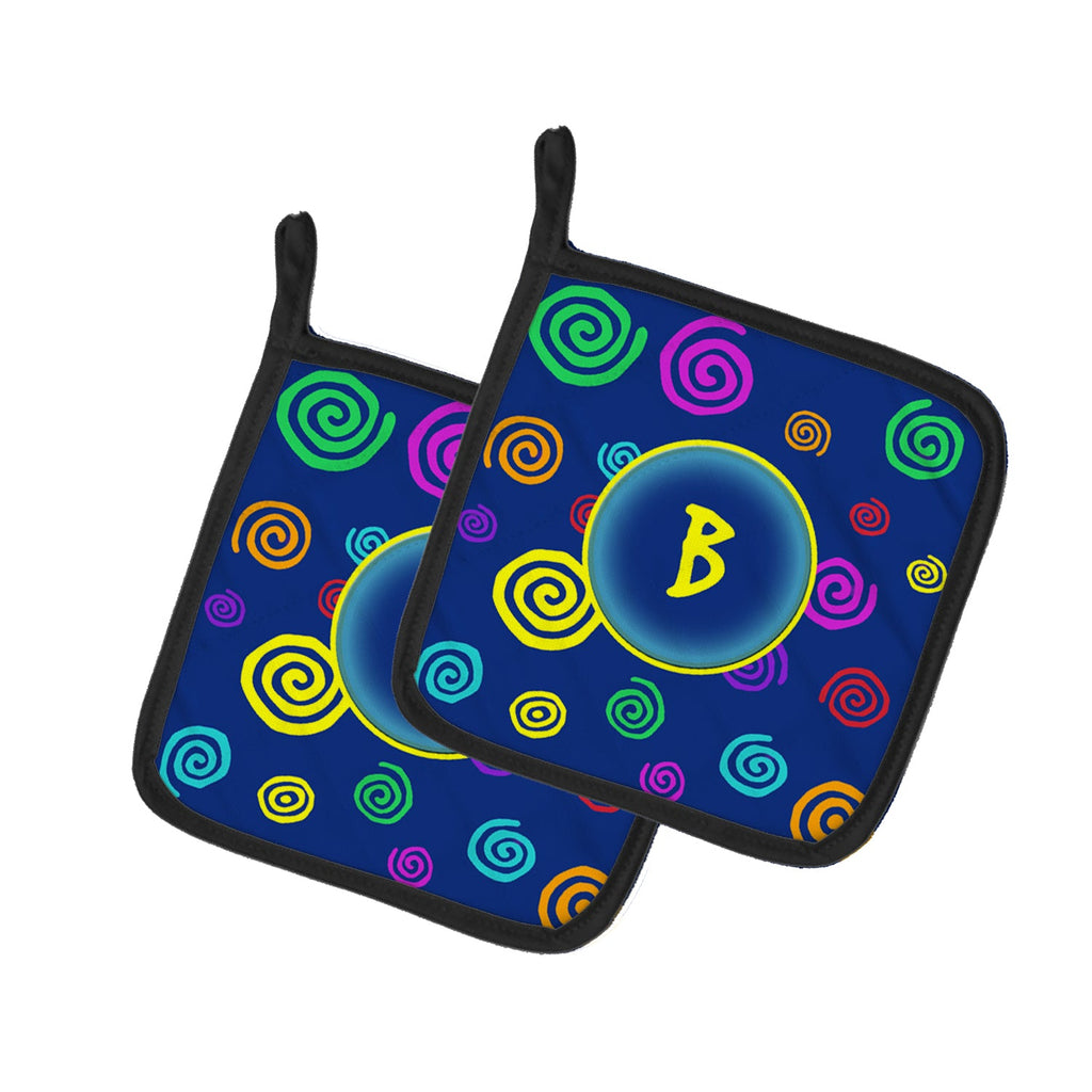 Letter B Initial Monogram - Blue Swirls Pot Holder Set of 2 Heat Resistant Quilted Hot Pads 7.5 x 7.5 Inch, Insulated Kitchen Trivets for Cooking & Baking