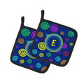 Letter E Initial Monogram - Blue Swirls Pot Holder Set of 2 Heat Resistant Quilted Hot Pads 7.5 x 7.5 Inch, Insulated Kitchen Trivets for Cooking & Baking