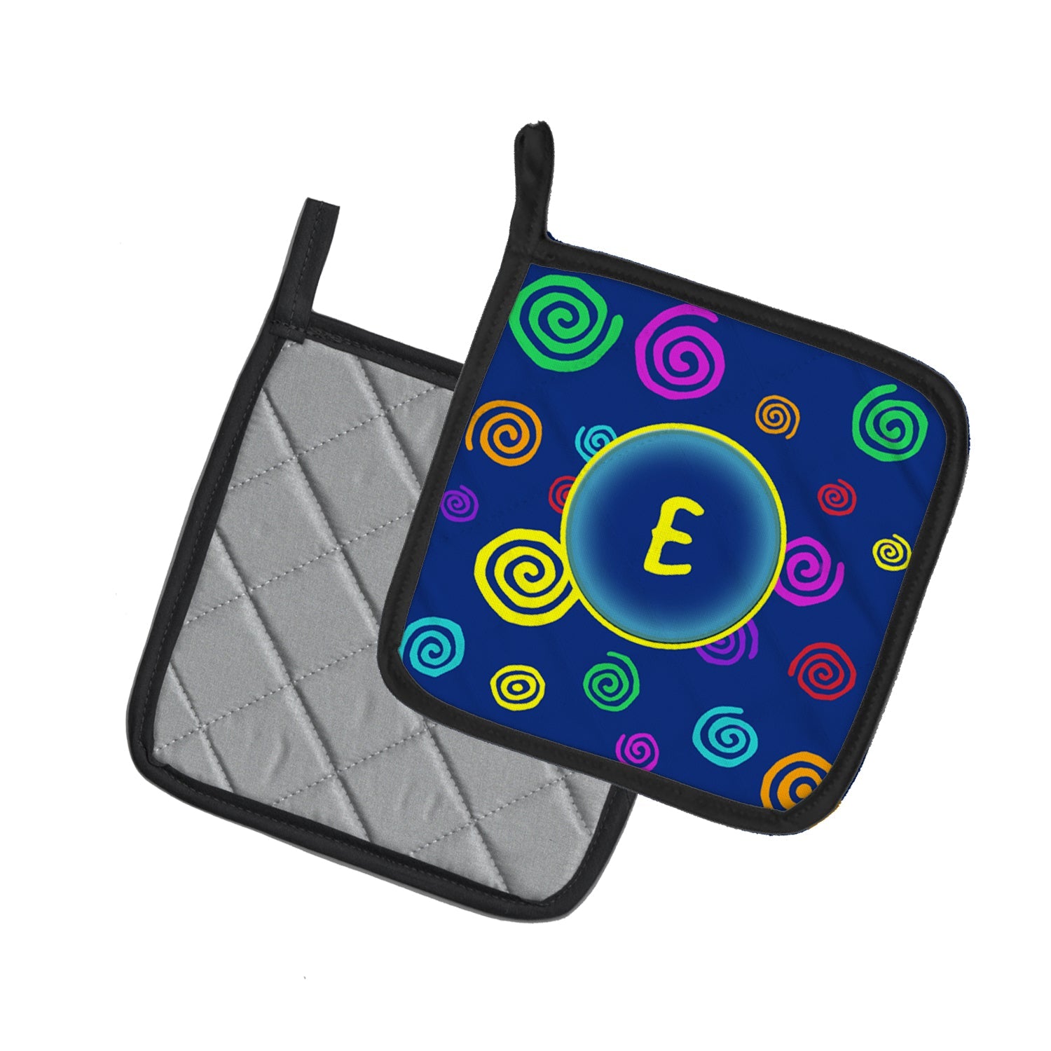 Letter E Initial Monogram - Blue Swirls Pot Holder Set of 2 Heat Resistant Quilted Hot Pads 7.5 x 7.5 Inch, Insulated Kitchen Trivets for Cooking & Baking