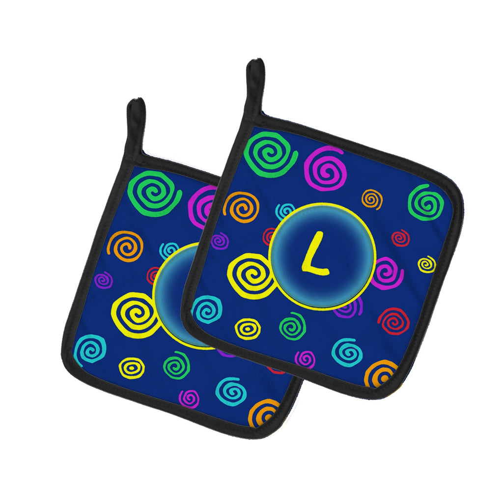 Letter L Initial Monogram - Blue Swirls Pot Holder Set of 2 Heat Resistant Quilted Hot Pads 7.5 x 7.5 Inch, Insulated Kitchen Trivets for Cooking & Baking
