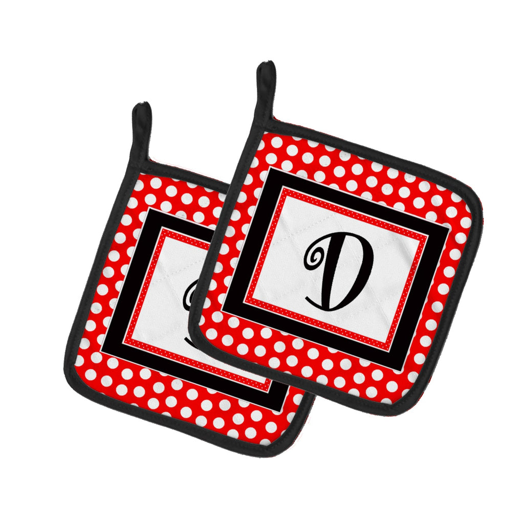 Letter D Initial  - Red Black Polka Dots Pot Holder Set of 2 Heat Resistant Quilted Hot Pads 7.5 x 7.5 Inch, Insulated Kitchen Trivets for Cooking & Baking