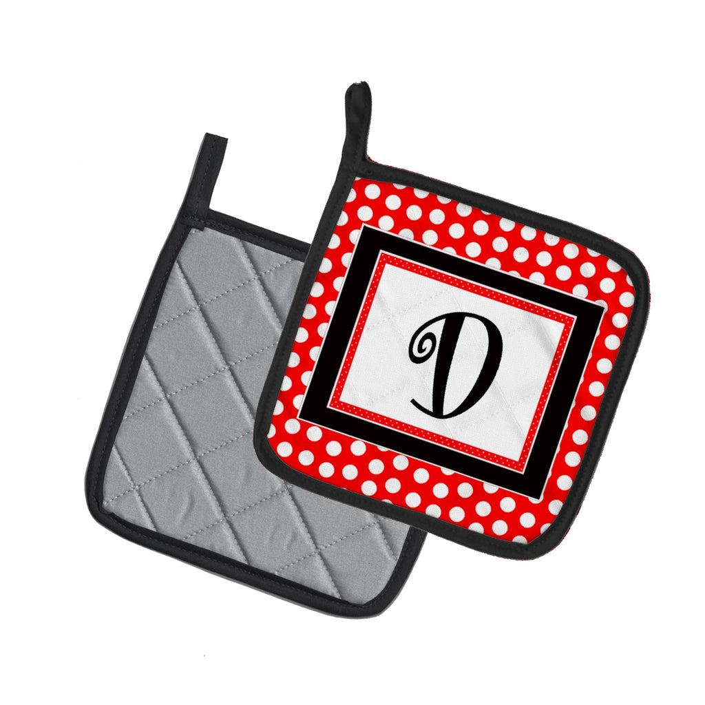 Letter D Initial  - Red Black Polka Dots Pot Holder Set of 2 Heat Resistant Quilted Hot Pads 7.5 x 7.5 Inch, Insulated Kitchen Trivets for Cooking & Baking