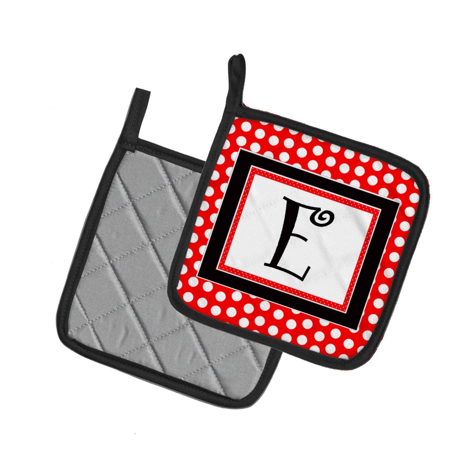 Letter E Initial  - Red Black Polka Dots Pot Holder Set of 2 Heat Resistant Quilted Hot Pads 7.5 x 7.5 Inch, Insulated Kitchen Trivets for Cooking & Baking