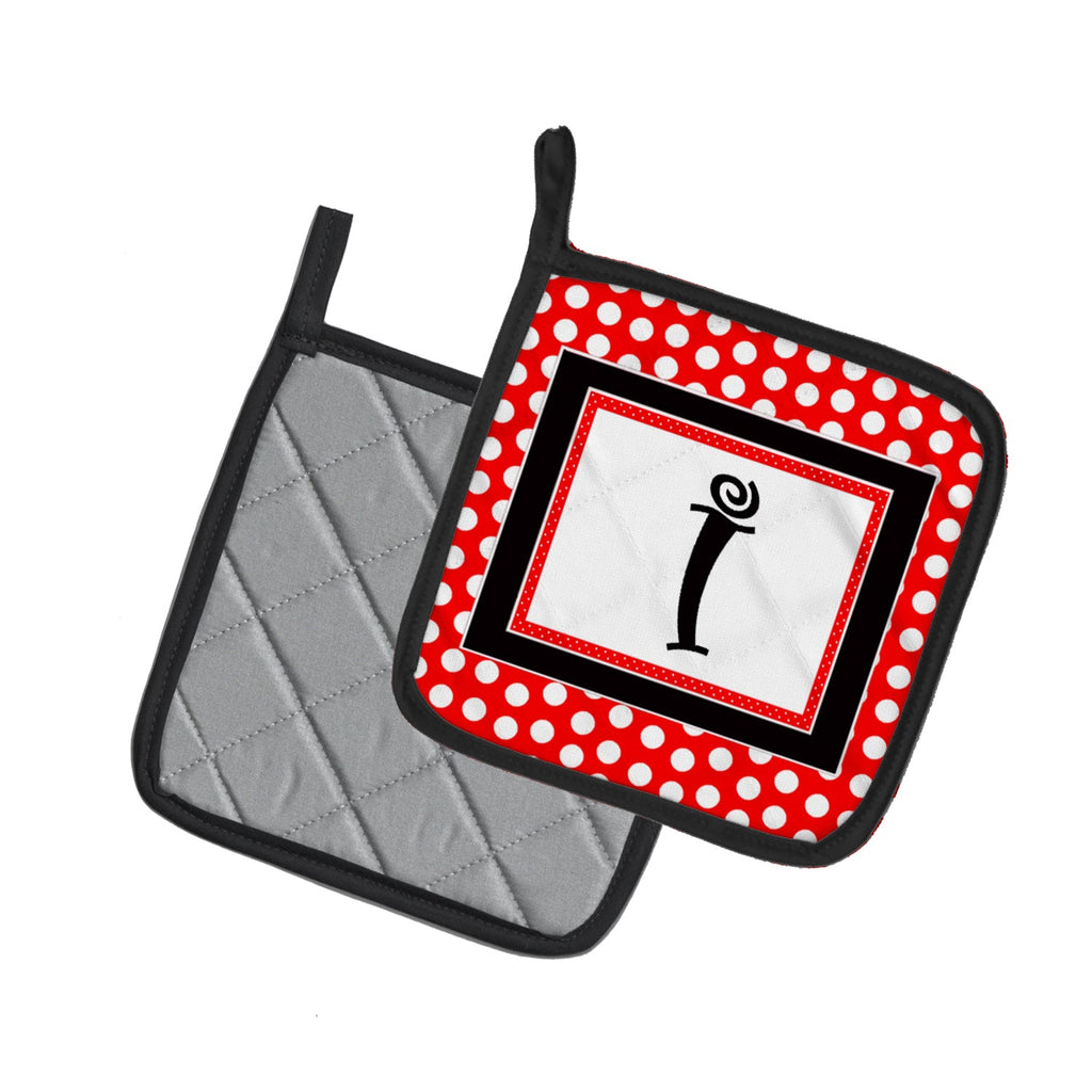 Letter I Initial  - Red Black Polka Dots Pot Holder Set of 2 Heat Resistant Quilted Hot Pads 7.5 x 7.5 Inch, Insulated Kitchen Trivets for Cooking & Baking