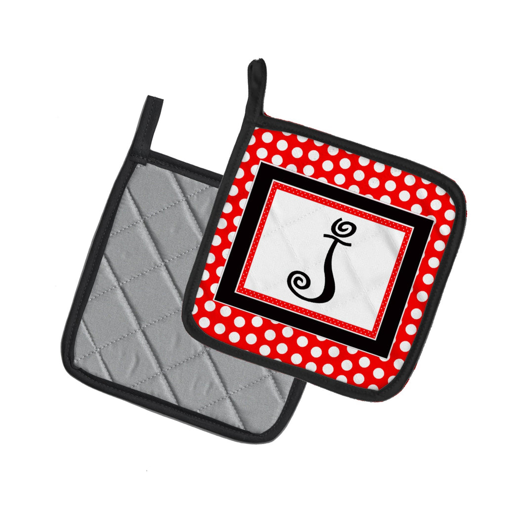 Letter J Initial  - Red Black Polka Dots Pot Holder Set of 2 Heat Resistant Quilted Hot Pads 7.5 x 7.5 Inch, Insulated Kitchen Trivets for Cooking & Baking