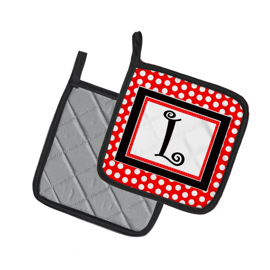 Letter L Initial  - Red Black Polka Dots Pot Holder Set of 2 Heat Resistant Quilted Hot Pads 7.5 x 7.5 Inch, Insulated Kitchen Trivets for Cooking & Baking