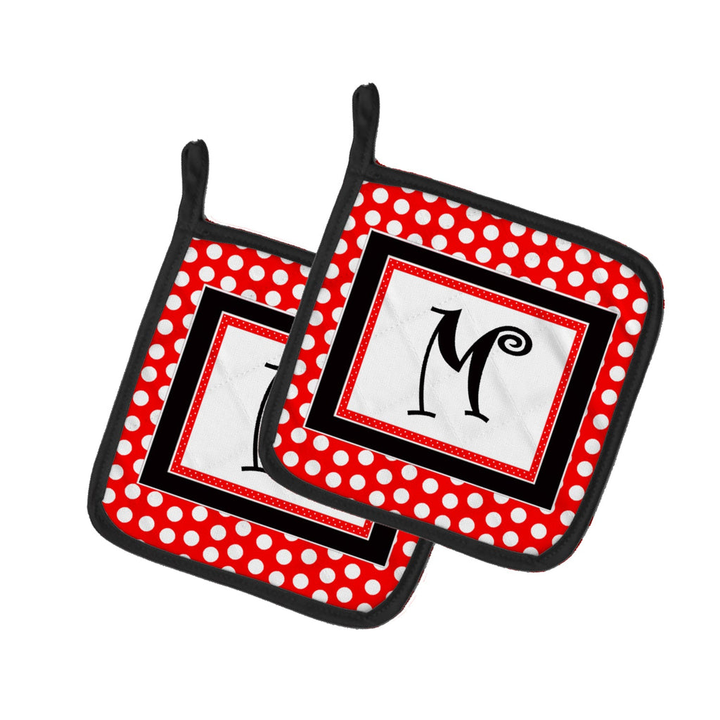 Letter M Initial  - Red Black Polka Dots Pot Holder Set of 2 Heat Resistant Quilted Hot Pads 7.5 x 7.5 Inch, Insulated Kitchen Trivets for Cooking & Baking