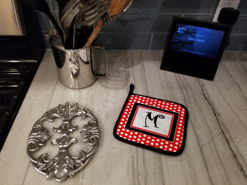 Letter M Initial  - Red Black Polka Dots Pot Holder Set of 2 Heat Resistant Quilted Hot Pads 7.5 x 7.5 Inch, Insulated Kitchen Trivets for Cooking & Baking