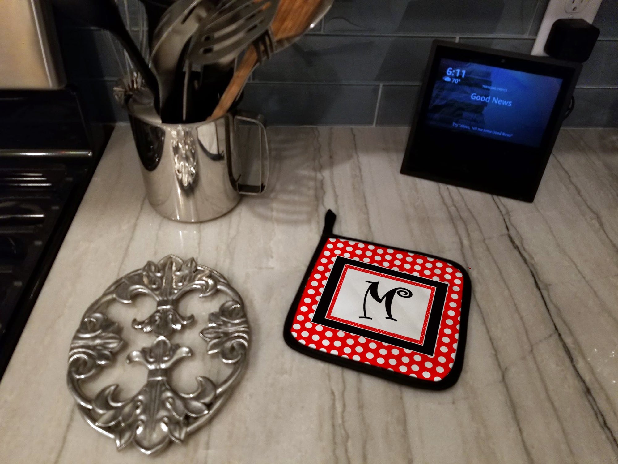 Letter M Initial  - Red Black Polka Dots Pot Holder Set of 2 Heat Resistant Quilted Hot Pads 7.5 x 7.5 Inch, Insulated Kitchen Trivets for Cooking & Baking