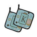 Letter K Initial Monogram - Blue Dots Pot Holder Set of 2 Heat Resistant Quilted Hot Pads 7.5 x 7.5 Inch, Insulated Kitchen Trivets for Cooking & Baking
