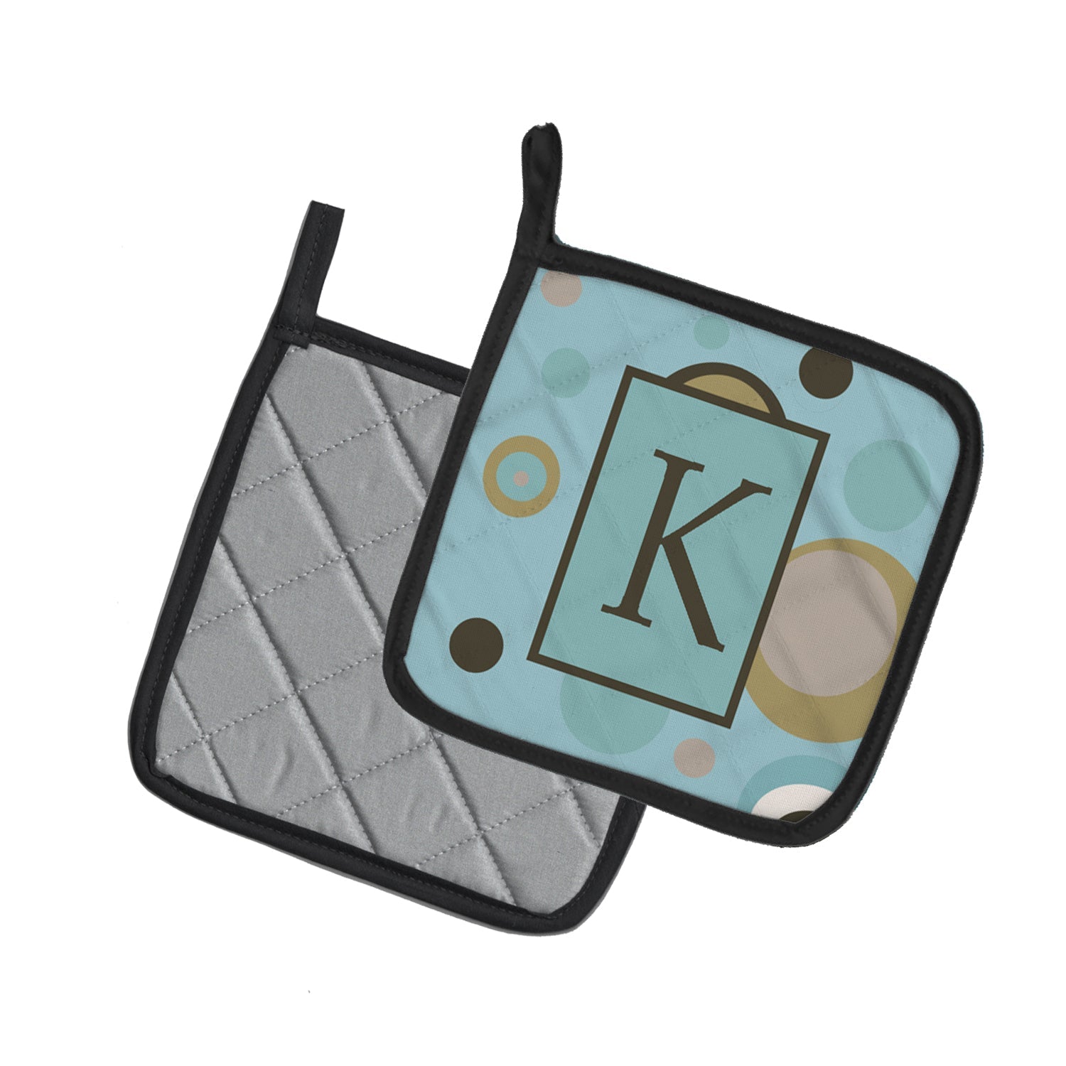 Letter K Initial Monogram - Blue Dots Pot Holder Set of 2 Heat Resistant Quilted Hot Pads 7.5 x 7.5 Inch, Insulated Kitchen Trivets for Cooking & Baking