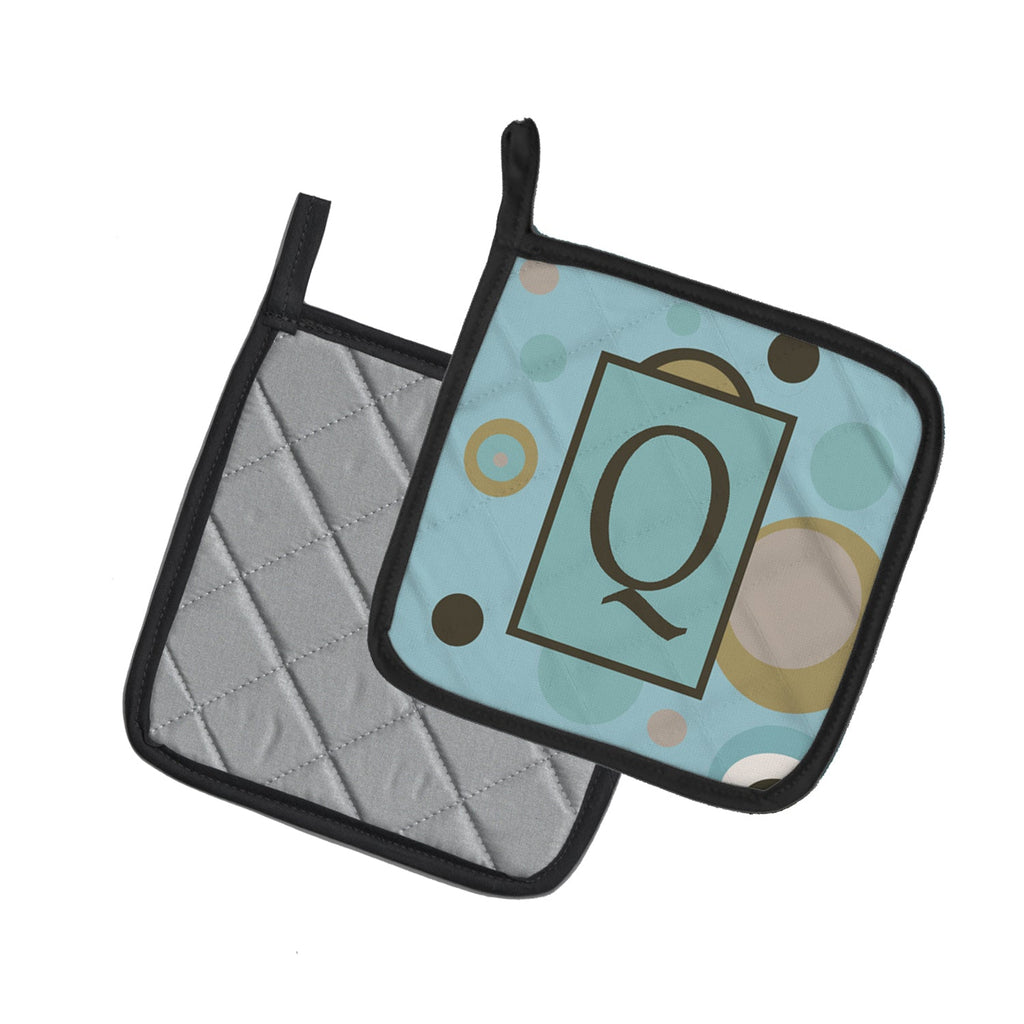 Letter Q Initial Monogram - Blue Dots Pot Holder Set of 2 Heat Resistant Quilted Hot Pads 7.5 x 7.5 Inch, Insulated Kitchen Trivets for Cooking & Baking