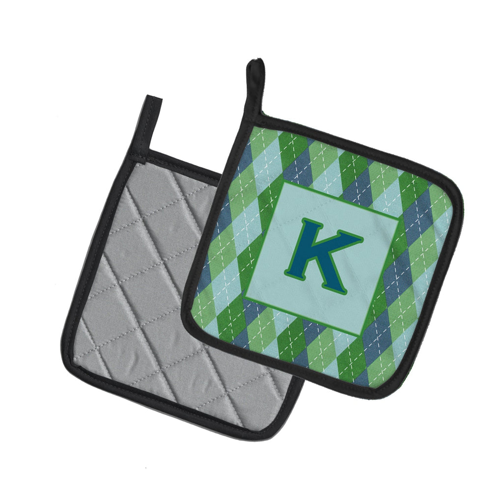 Letter K Initial Monogram - Blue Argoyle Pot Holder Set of 2 Heat Resistant Quilted Hot Pads 7.5 x 7.5 Inch, Insulated Kitchen Trivets for Cooking & Baking