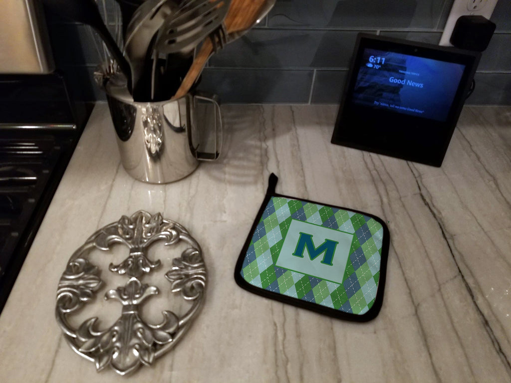Letter M Initial Monogram - Blue Argoyle Pot Holder Set of 2 Heat Resistant Quilted Hot Pads 7.5 x 7.5 Inch, Insulated Kitchen Trivets for Cooking & Baking