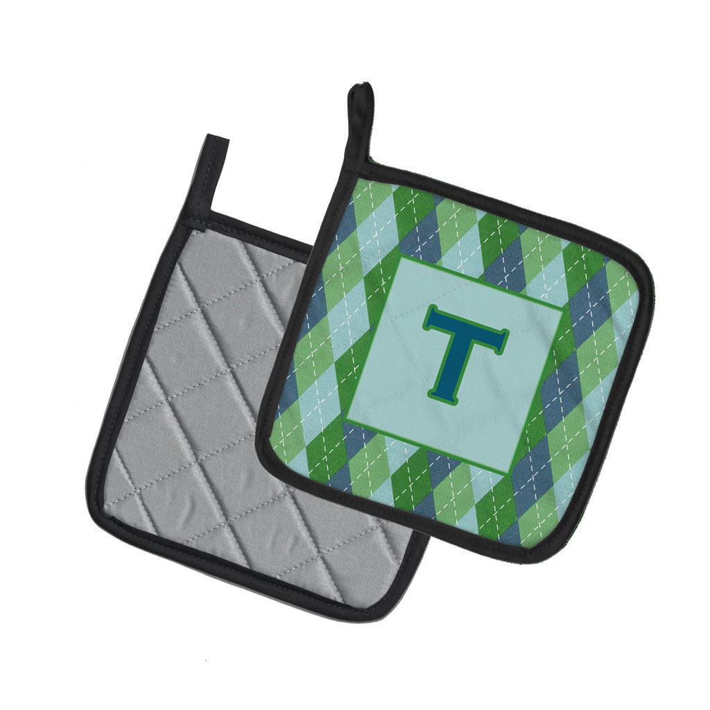 Letter T Initial Monogram - Blue Argoyle Pot Holder Set of 2 Heat Resistant Quilted Hot Pads 7.5 x 7.5 Inch, Insulated Kitchen Trivets for Cooking & Baking