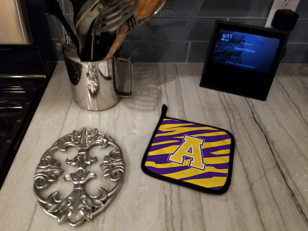 Letter A Monogram - Tiger Stripe - Purple Gold Pot Holder Set of 2 Heat Resistant Quilted Hot Pads 7.5 x 7.5 Inch, Insulated Kitchen Trivets for Cooking & Baking
