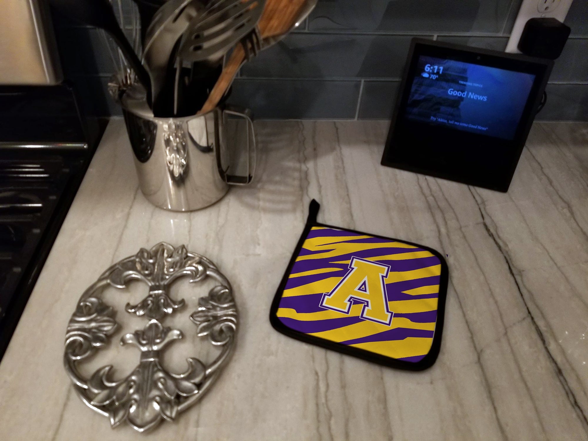 Letter A Monogram - Tiger Stripe - Purple Gold Pot Holder Set of 2 Heat Resistant Quilted Hot Pads 7.5 x 7.5 Inch, Insulated Kitchen Trivets for Cooking & Baking