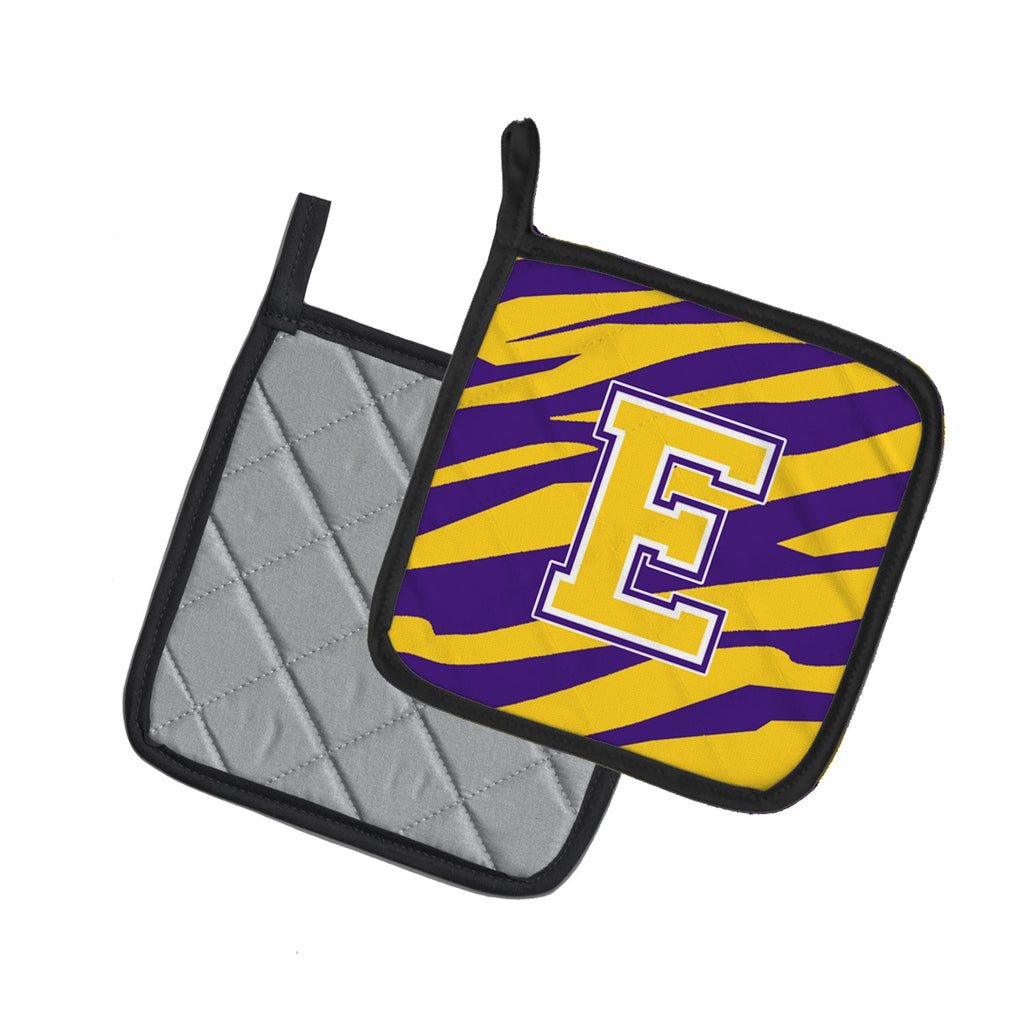 Letter E Monogram - Tiger Stripe - Purple Gold Pot Holder Set of 2 Heat Resistant Quilted Hot Pads 7.5 x 7.5 Inch, Insulated Kitchen Trivets for Cooking & Baking