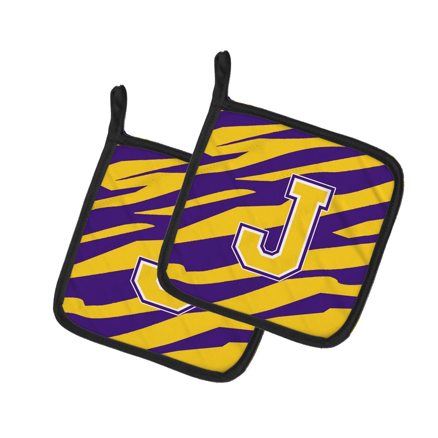 Letter J Monogram - Tiger Stripe - Purple Gold Pot Holder Set of 2 Heat Resistant Quilted Hot Pads 7.5 x 7.5 Inch, Insulated Kitchen Trivets for Cooking & Baking