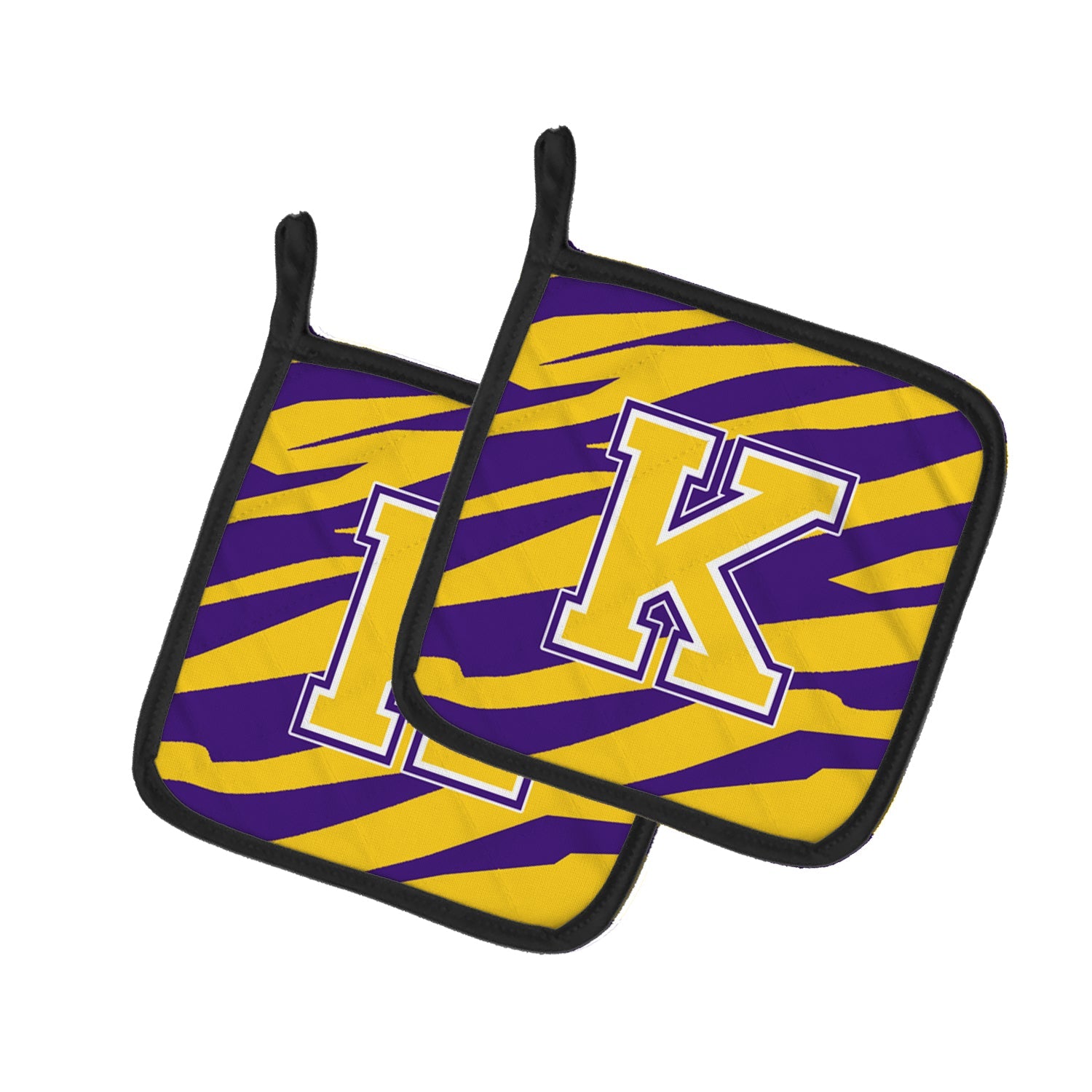 Letter K Monogram - Tiger Stripe - Purple Gold Pot Holder Set of 2 Heat Resistant Quilted Hot Pads 7.5 x 7.5 Inch, Insulated Kitchen Trivets for Cooking & Baking