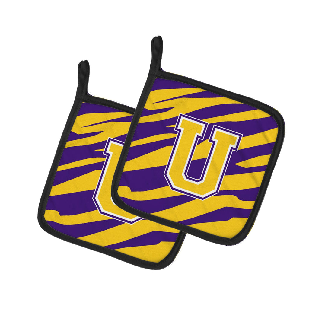 Letter U Monogram - Tiger Stripe - Purple Gold Pot Holder Set of 2 Heat Resistant Quilted Hot Pads 7.5 x 7.5 Inch, Insulated Kitchen Trivets for Cooking & Baking