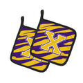 Letter X Monogram - Tiger Stripe - Purple Gold Pot Holder Set of 2 Heat Resistant Quilted Hot Pads 7.5 x 7.5 Inch, Insulated Kitchen Trivets for Cooking & Baking