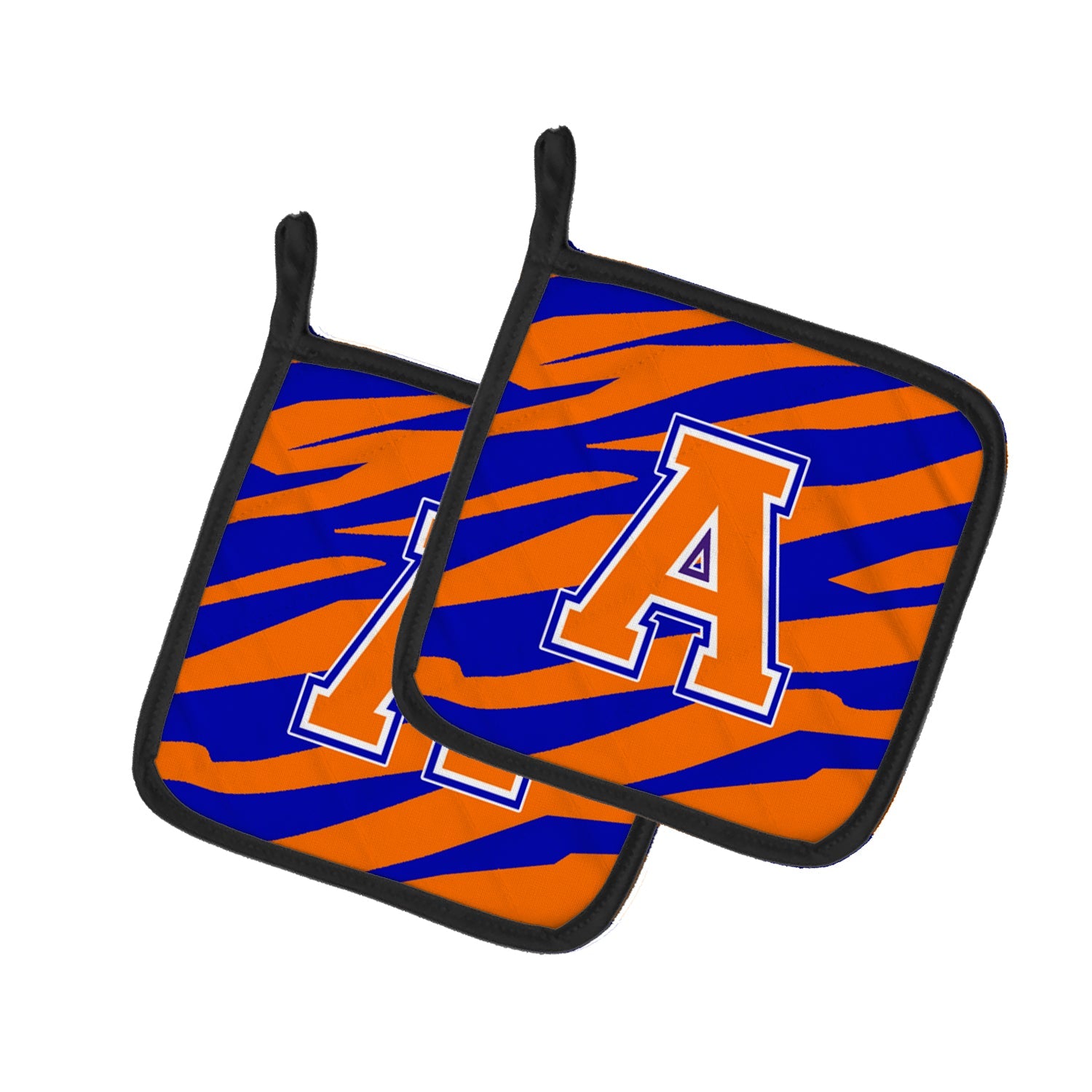 Letter A Monogram - Orange Blue Tiger Stripe Pot Holder Set of 2 Heat Resistant Quilted Hot Pads 7.5 x 7.5 Inch, Insulated Kitchen Trivets for Cooking & Baking