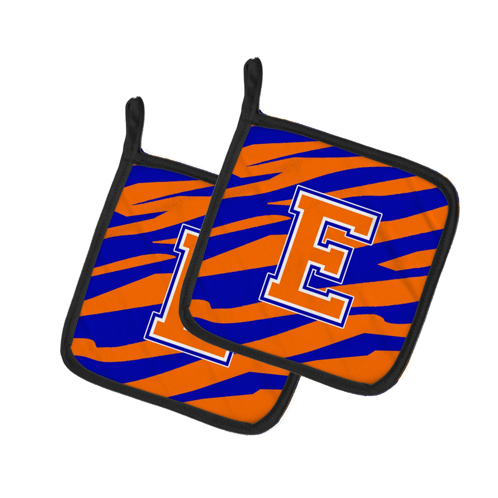 Letter E Initial Tiger Stripe - Blue Orange  Pot Holder Set of 2 Heat Resistant Quilted Hot Pads 7.5 x 7.5 Inch, Insulated Kitchen Trivets for Cooking & Baking