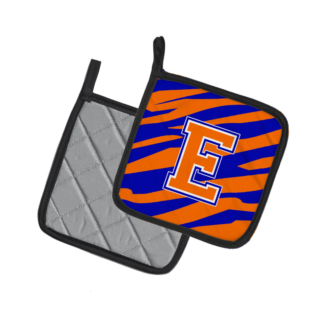 Letter E Initial Tiger Stripe - Blue Orange  Pot Holder Set of 2 Heat Resistant Quilted Hot Pads 7.5 x 7.5 Inch, Insulated Kitchen Trivets for Cooking & Baking