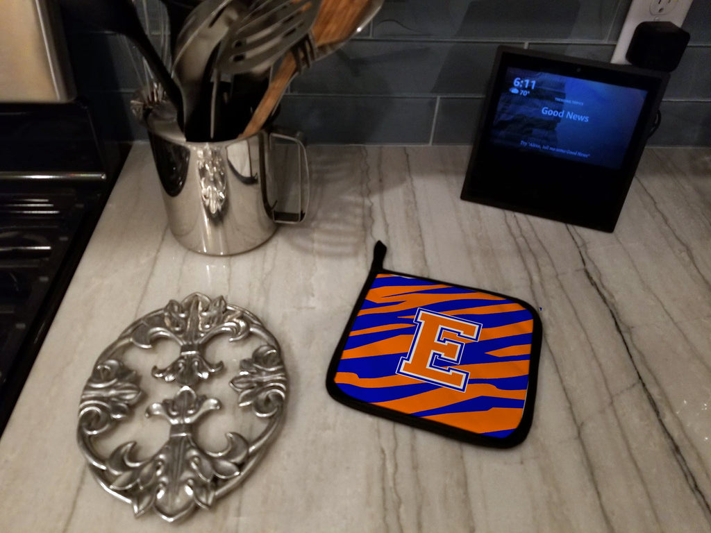 Letter E Initial Tiger Stripe - Blue Orange  Pot Holder Set of 2 Heat Resistant Quilted Hot Pads 7.5 x 7.5 Inch, Insulated Kitchen Trivets for Cooking & Baking