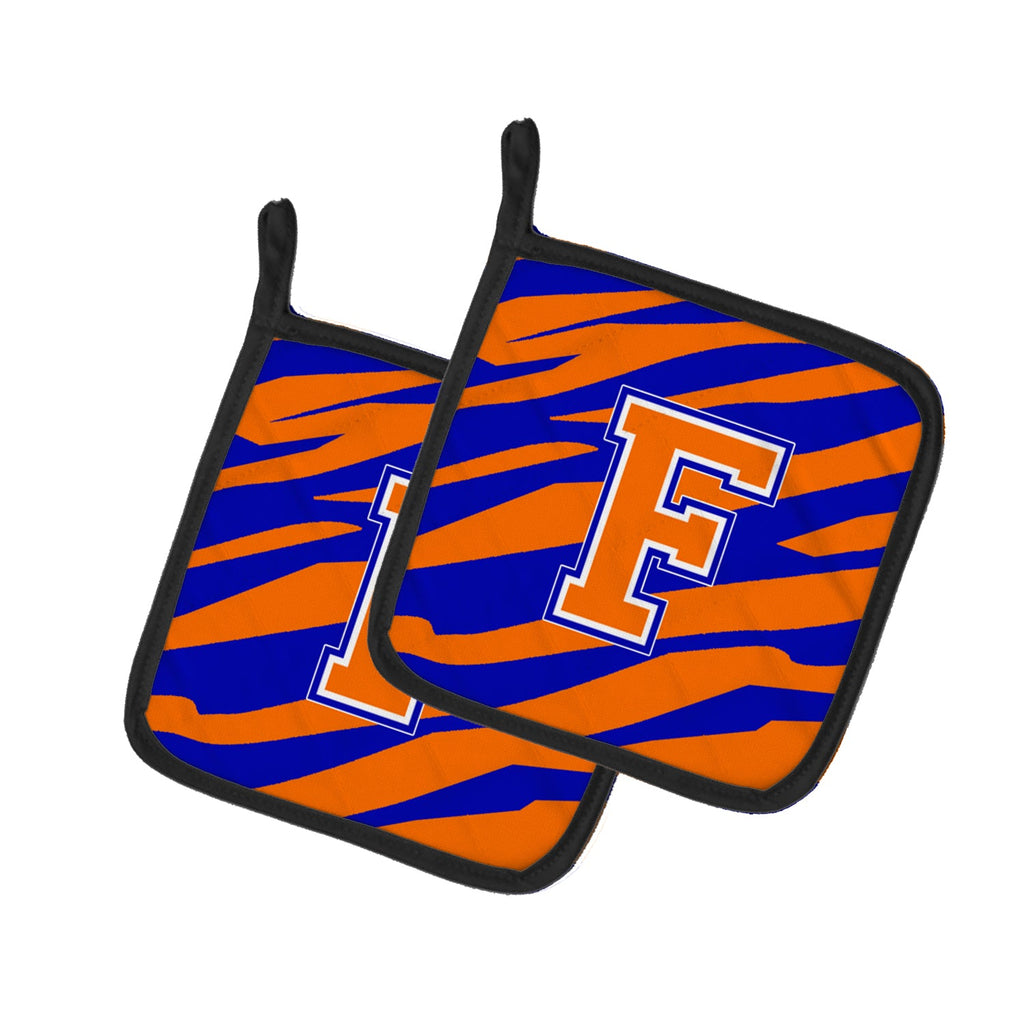 Letter F Initial Tiger Stripe - Blue Orange  Pot Holder Set of 2 Heat Resistant Quilted Hot Pads 7.5 x 7.5 Inch, Insulated Kitchen Trivets for Cooking & Baking