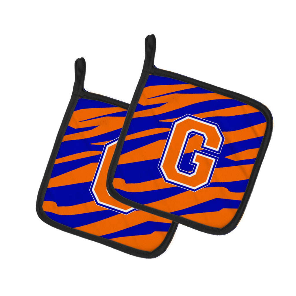 Letter G Initial Tiger Stripe - Blue Orange  Pot Holder Set of 2 Heat Resistant Quilted Hot Pads 7.5 x 7.5 Inch, Insulated Kitchen Trivets for Cooking & Baking