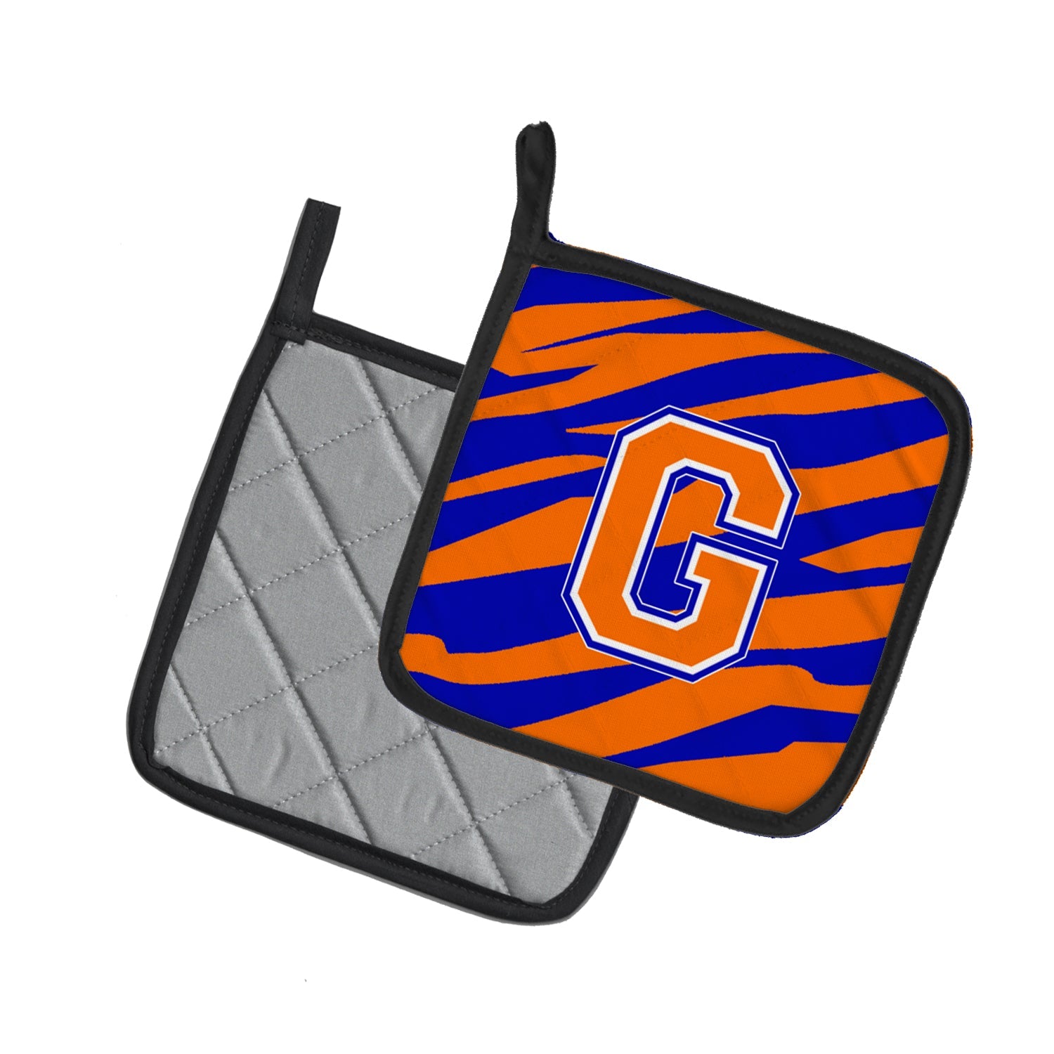 Letter G Initial Tiger Stripe - Blue Orange  Pot Holder Set of 2 Heat Resistant Quilted Hot Pads 7.5 x 7.5 Inch, Insulated Kitchen Trivets for Cooking & Baking