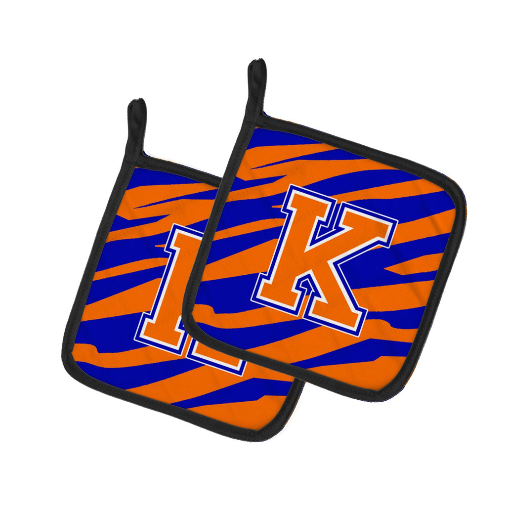 Letter K Initial  Tiger Stripe - Blue Orange  Pot Holder Set of 2 Heat Resistant Quilted Hot Pads 7.5 x 7.5 Inch, Insulated Kitchen Trivets for Cooking & Baking
