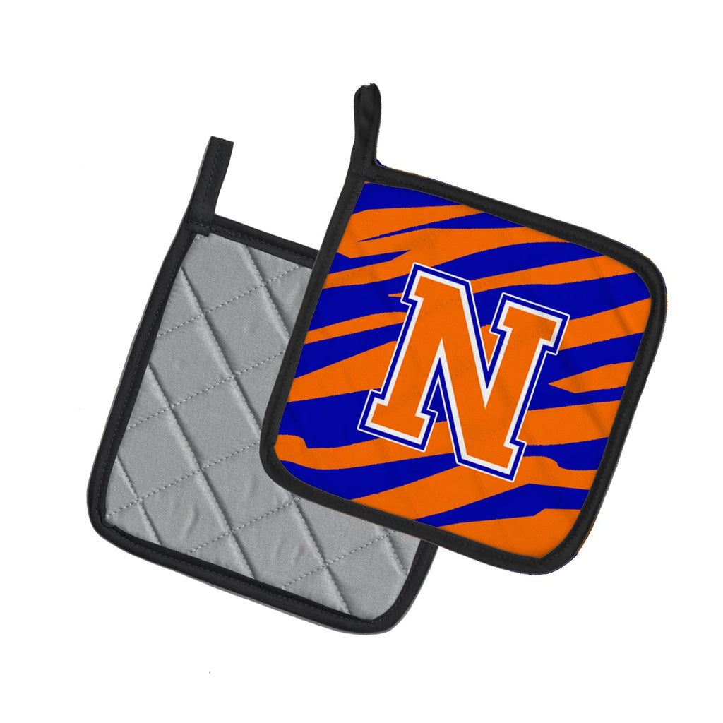 Letter N Initial Tiger Stripe - Blue Orange  Pot Holder Set of 2 Heat Resistant Quilted Hot Pads 7.5 x 7.5 Inch, Insulated Kitchen Trivets for Cooking & Baking