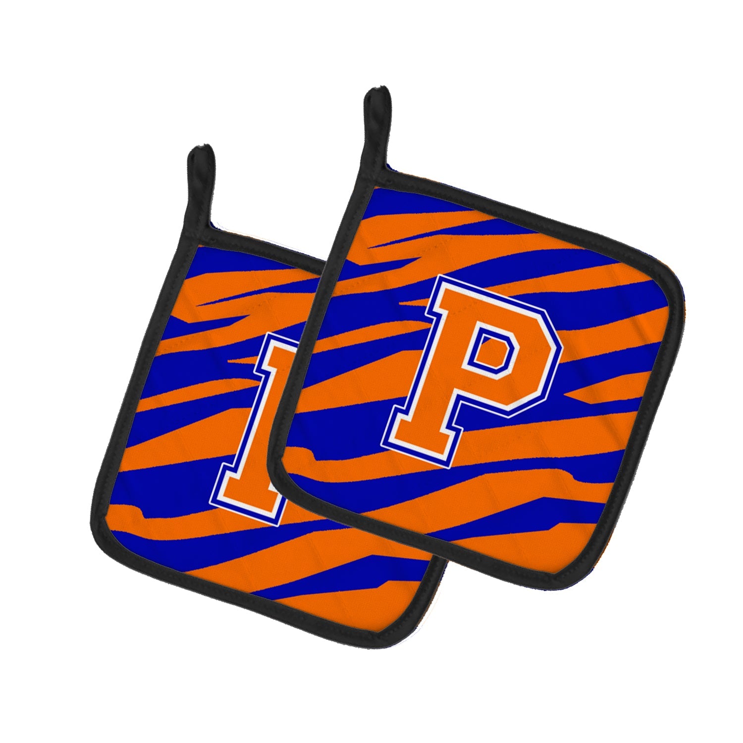 Letter P Initial Tiger Stripe - Blue Orange  Pot Holder Set of 2 Heat Resistant Quilted Hot Pads 7.5 x 7.5 Inch, Insulated Kitchen Trivets for Cooking & Baking