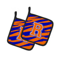 Letter R Initial Tiger Stripe - Blue Orange  Pot Holder Set of 2 Heat Resistant Quilted Hot Pads 7.5 x 7.5 Inch, Insulated Kitchen Trivets for Cooking & Baking