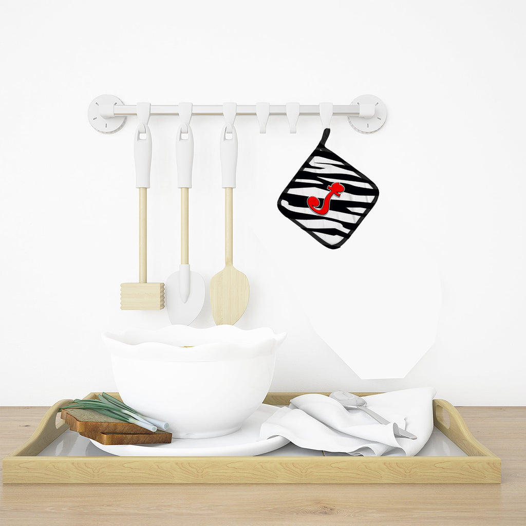 Letter J Initial Monogram - Zebra Red Pot Holder Set of 2 Heat Resistant Quilted Hot Pads 7.5 x 7.5 Inch, Insulated Kitchen Trivets for Cooking & Baking