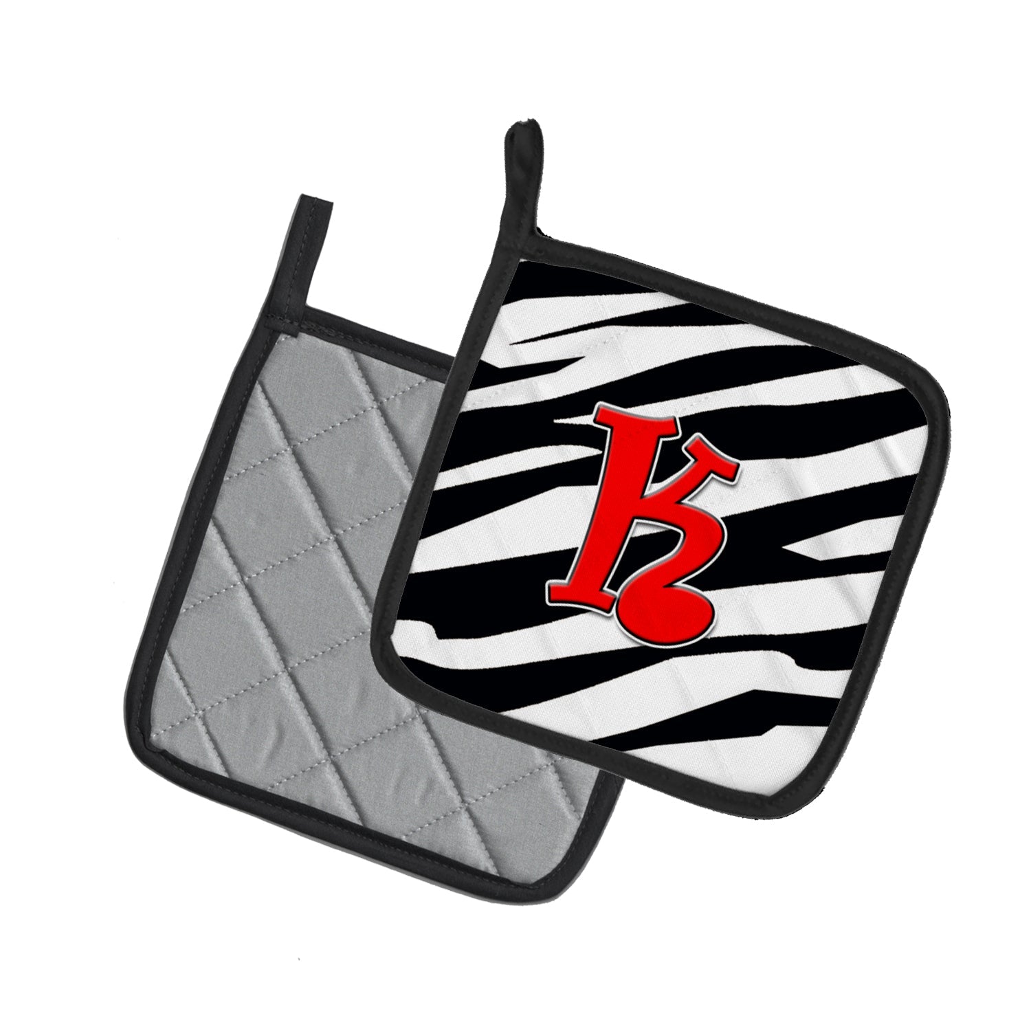 Letter K Initial Monogram - Zebra Red Pot Holder Set of 2 Heat Resistant Quilted Hot Pads 7.5 x 7.5 Inch, Insulated Kitchen Trivets for Cooking & Baking
