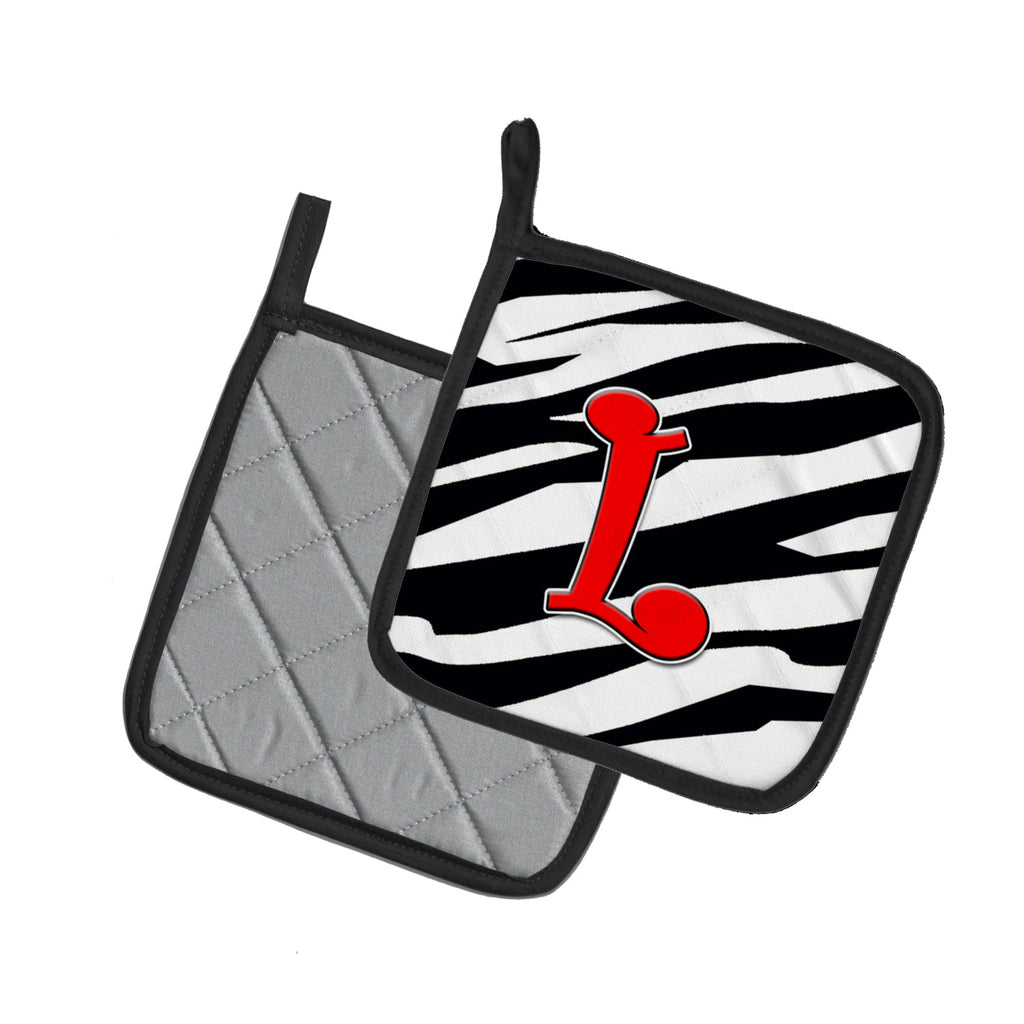 Letter L Initial Monogram - Zebra Red Pot Holder Set of 2 Heat Resistant Quilted Hot Pads 7.5 x 7.5 Inch, Insulated Kitchen Trivets for Cooking & Baking