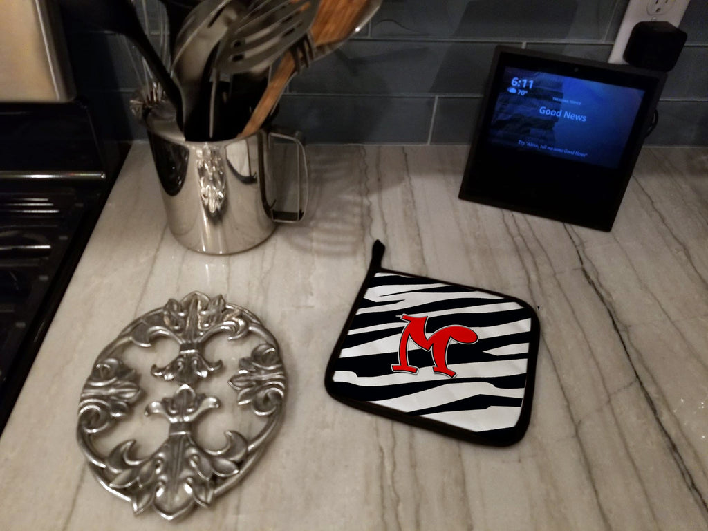 Letter M Initial Monogram - Zebra Red Pot Holder Set of 2 Heat Resistant Quilted Hot Pads 7.5 x 7.5 Inch, Insulated Kitchen Trivets for Cooking & Baking
