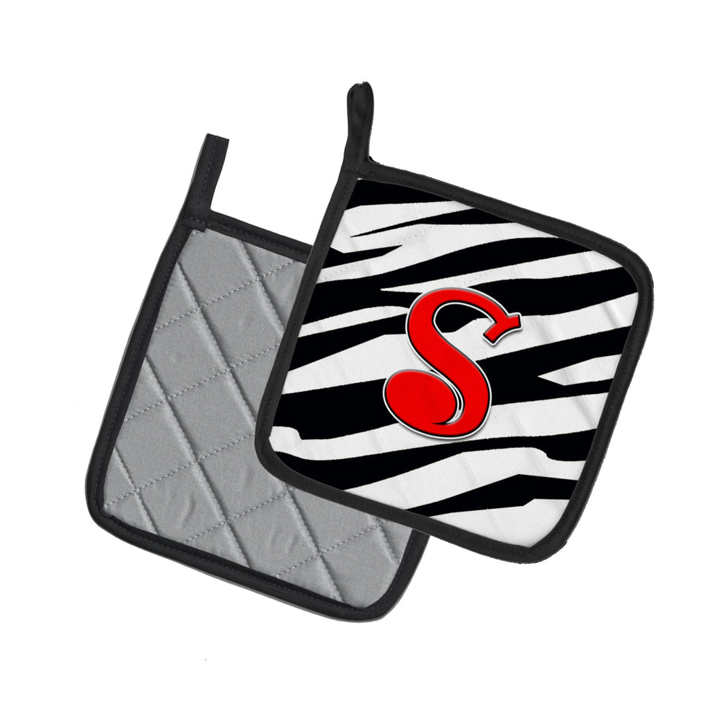 Letter S Initial Monogram - Zebra Red Pot Holder Set of 2 Heat Resistant Quilted Hot Pads 7.5 x 7.5 Inch, Insulated Kitchen Trivets for Cooking & Baking