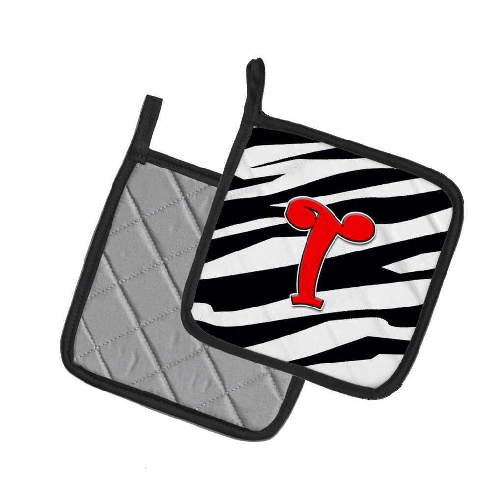 Letter T Initial Monogram - Zebra Red Pot Holder Set of 2 Heat Resistant Quilted Hot Pads 7.5 x 7.5 Inch, Insulated Kitchen Trivets for Cooking & Baking