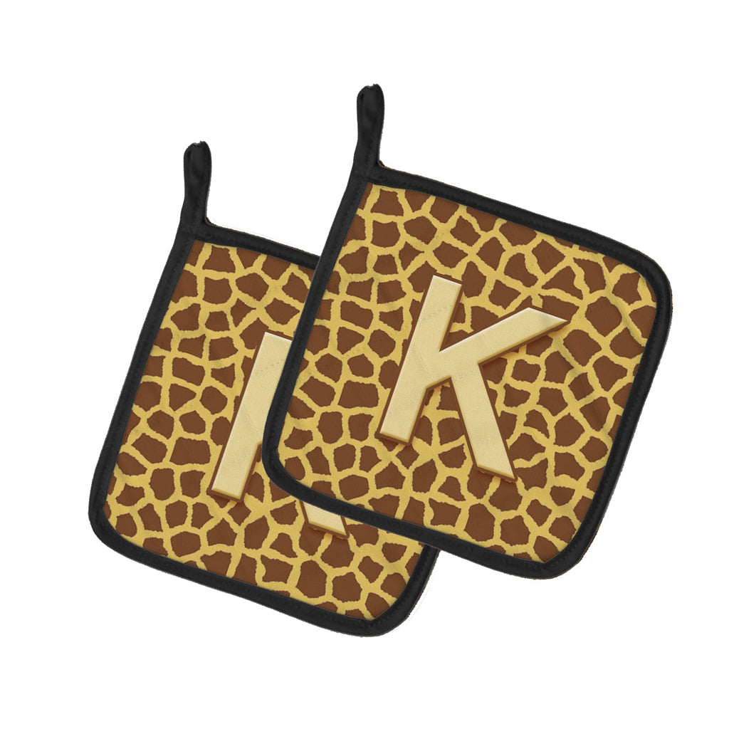 Letter K Initial Monogram - Giraffe Pot Holder Set of 2 Heat Resistant Quilted Hot Pads 7.5 x 7.5 Inch, Insulated Kitchen Trivets for Cooking & Baking