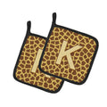 Letter K Initial Monogram - Giraffe Pot Holder Set of 2 Heat Resistant Quilted Hot Pads 7.5 x 7.5 Inch, Insulated Kitchen Trivets for Cooking & Baking