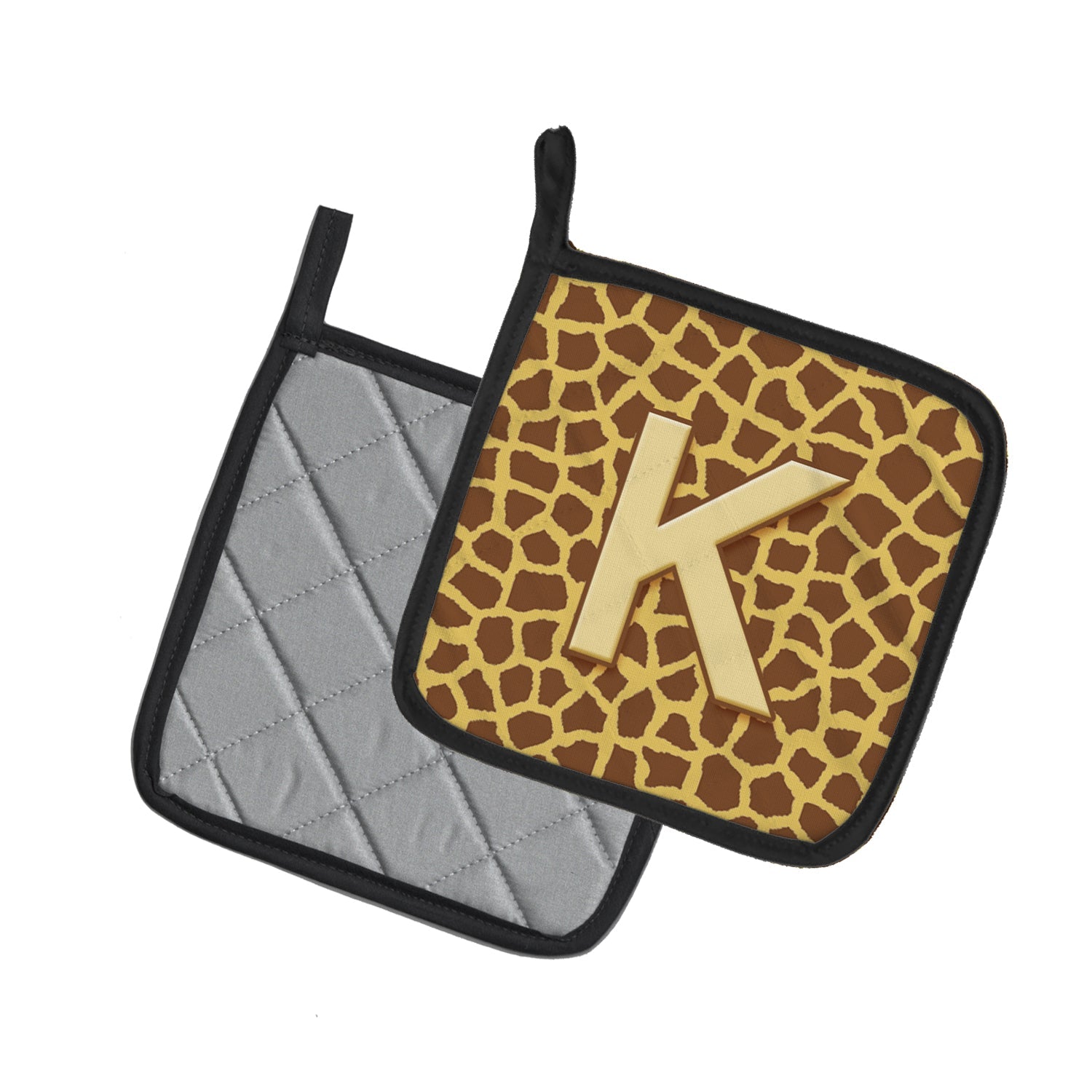 Letter K Initial Monogram - Giraffe Pot Holder Set of 2 Heat Resistant Quilted Hot Pads 7.5 x 7.5 Inch, Insulated Kitchen Trivets for Cooking & Baking