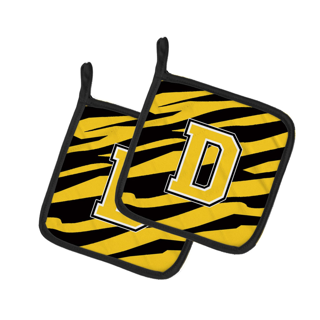 Letter D Initial Tiger Stripe - Black Gold  Pot Holder Set of 2 Heat Resistant Quilted Hot Pads 7.5 x 7.5 Inch, Insulated Kitchen Trivets for Cooking & Baking