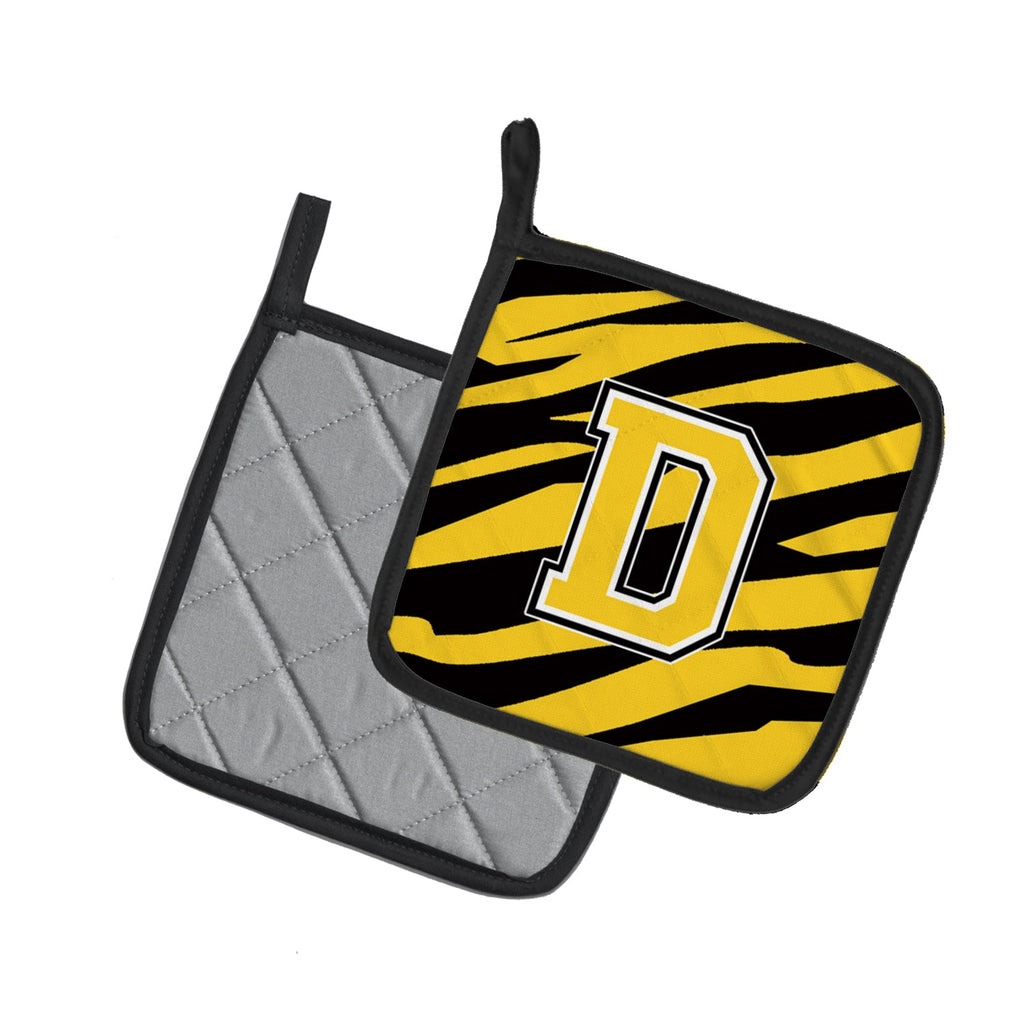 Letter D Initial Tiger Stripe - Black Gold  Pot Holder Set of 2 Heat Resistant Quilted Hot Pads 7.5 x 7.5 Inch, Insulated Kitchen Trivets for Cooking & Baking