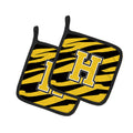 Letter H Initial Tiger Stripe - Black Gold  Pot Holder Set of 2 Heat Resistant Quilted Hot Pads 7.5 x 7.5 Inch, Insulated Kitchen Trivets for Cooking & Baking
