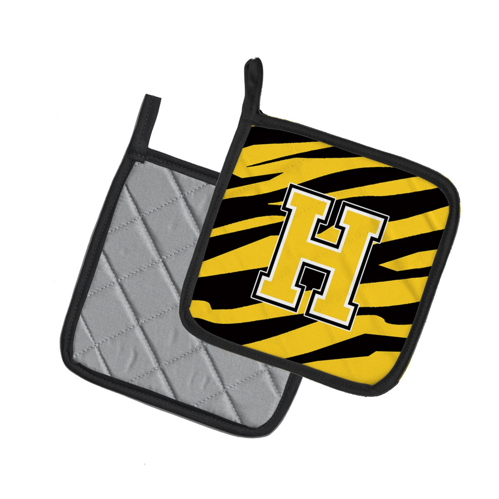 Letter H Initial Tiger Stripe - Black Gold  Pot Holder Set of 2 Heat Resistant Quilted Hot Pads 7.5 x 7.5 Inch, Insulated Kitchen Trivets for Cooking & Baking